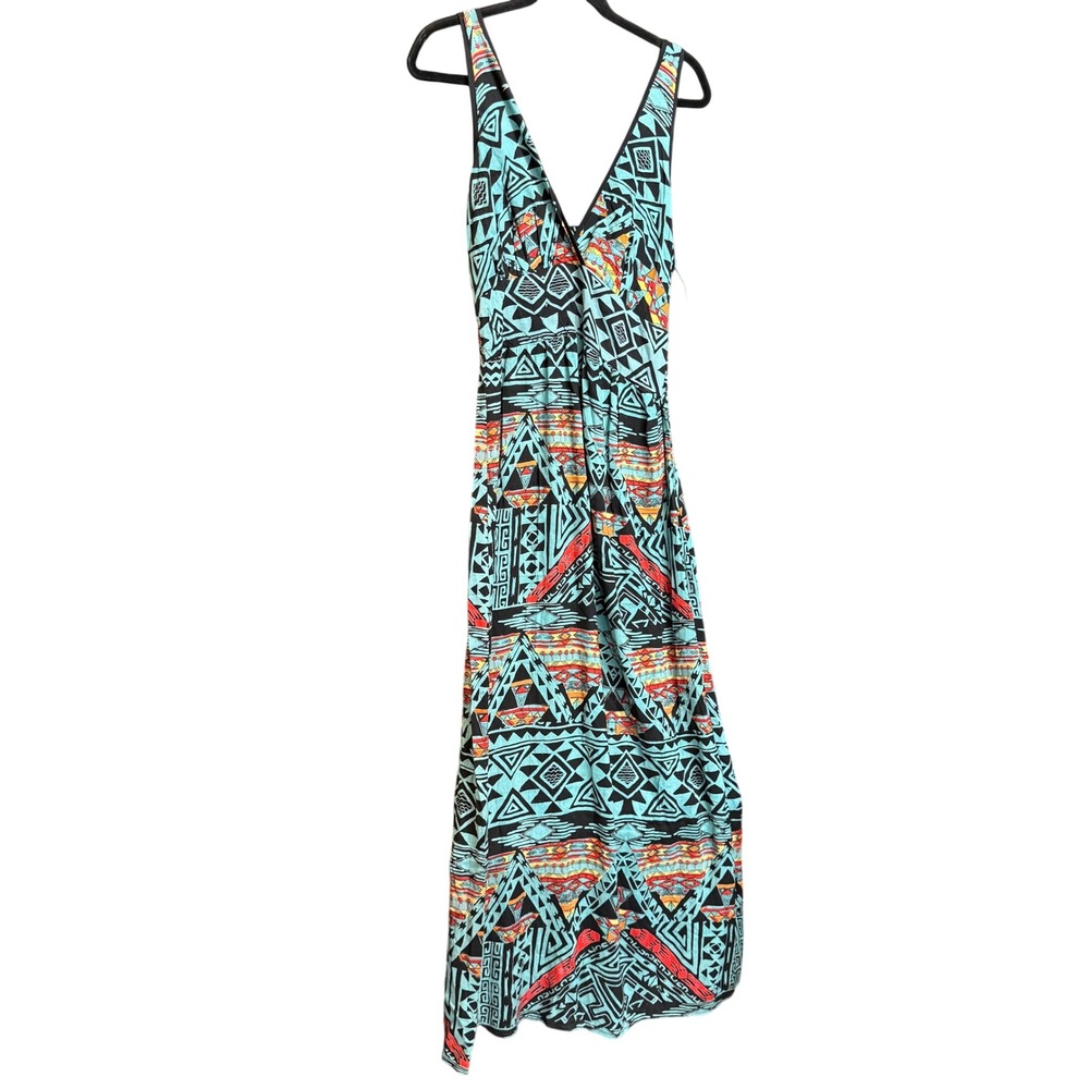 Angie Womens Geometric Tribal Maxi Dress Turquoise Black L NEW Boho Festival
